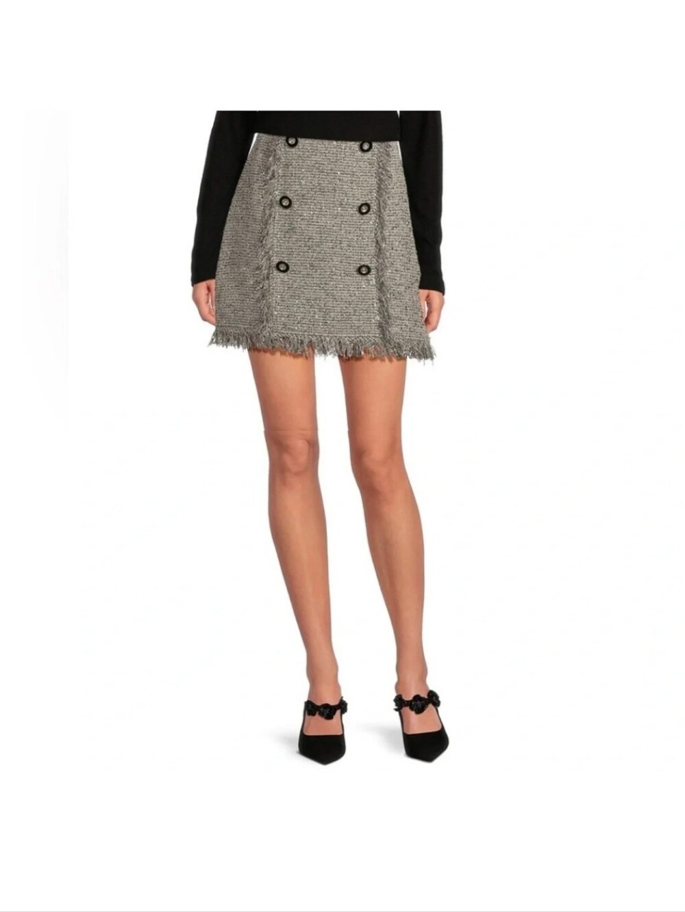 Textured Gray Tweed Mini Skirt with Button Detail
